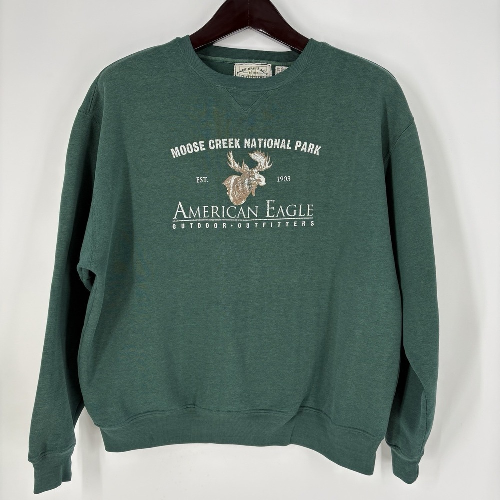 Y2K American Eagle Mens‎ Moose Graphic Print Sweatshirt Size L Green Retro